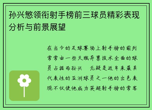 孙兴慜领衔射手榜前三球员精彩表现分析与前景展望